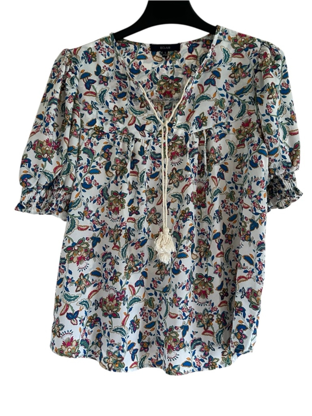Eclair Floral Tassel Peasant Multicolored Size Small Short Sleeve Blouse